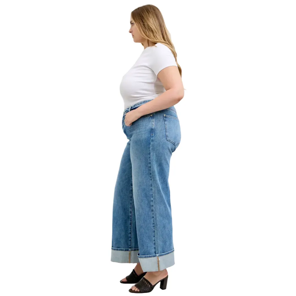 Judy Blue Mid Rise Fold Over Waistband Straight Denim Jeans 881100