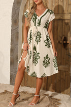 Green Abstract Print Embroidered Trim V Neck Drawstring High Waist Loose Vacation Dress