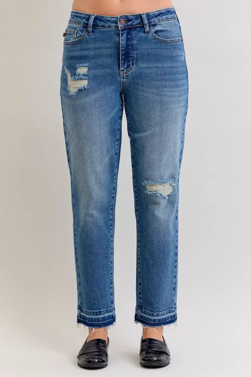Judy Blue Full Size Mid Rise Bf Patch & Repair Destroy Release Hem Jeans Plus Size MD