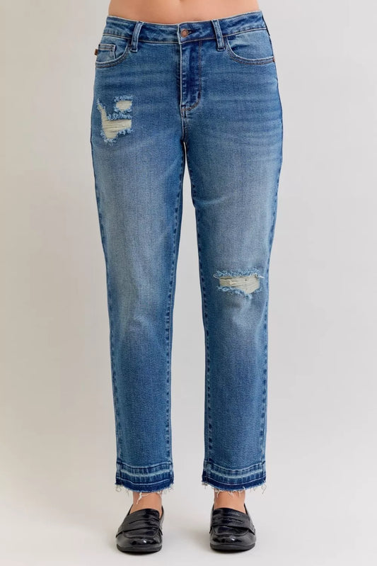 Judy Blue Full Size Mid Rise Bf Patch & Repair Destroy Release Hem Jeans Plus Size MD