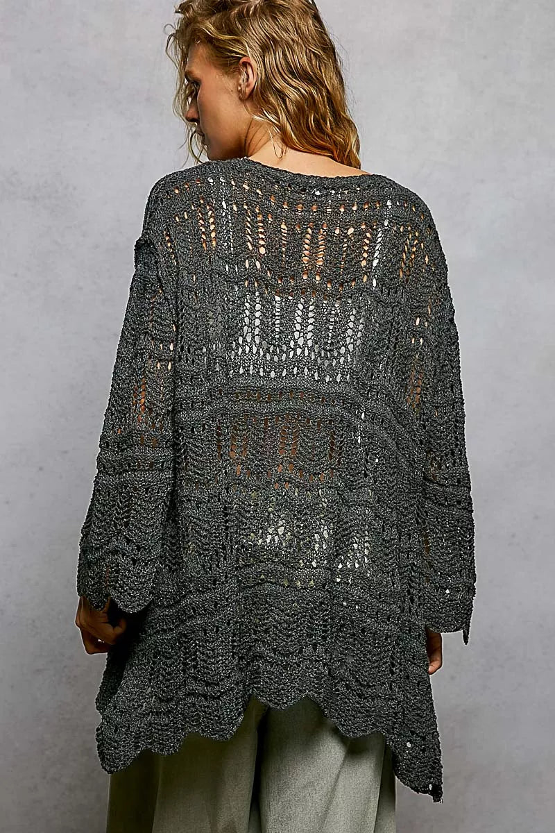 POL Openwork Lightweight Open Front Cardigan with Scalloped Edge