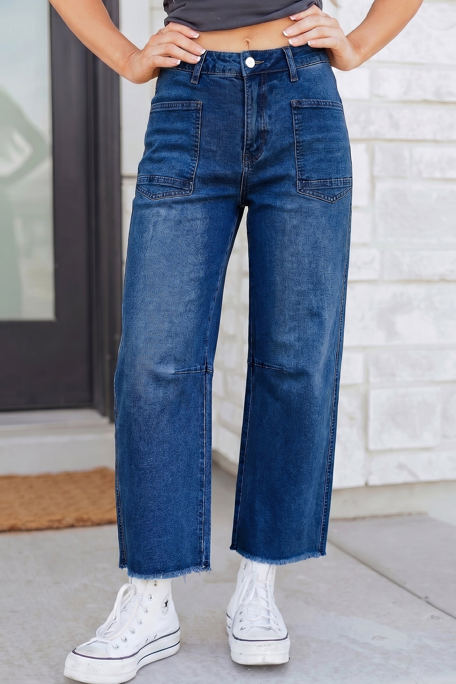 Black Frayed Cropped Straight Jeans Sail Blue 65%Cotton+33%Polyester+2%Elastane