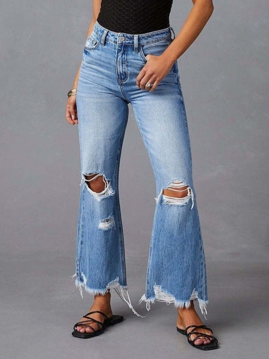Distressed Raw Hem Flare Jeans Blue