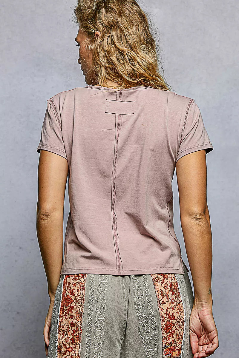 POL Contrast Stitching Round Neck Short Sleeve T-Shirt