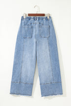 Gray Drawstring Seam Detail Raw Hem Wide Leg Jeans