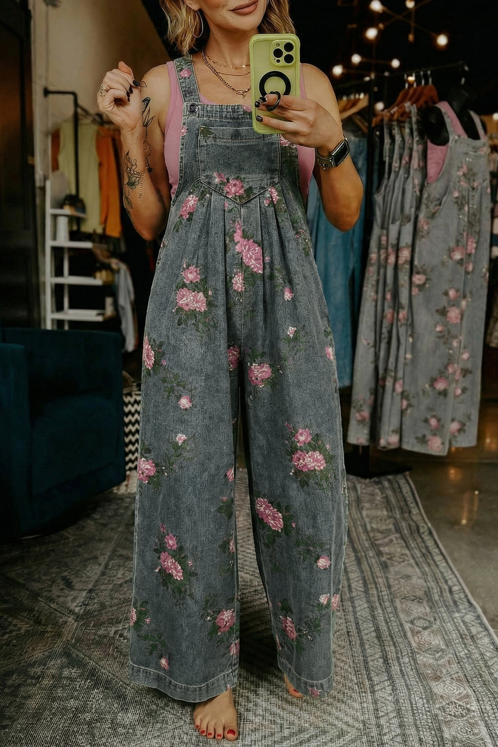 Beau Blue Floral Print Pleated High Waist Wide Leg Denim Jumpsuit Gray 50%Polyester+50%Cotton