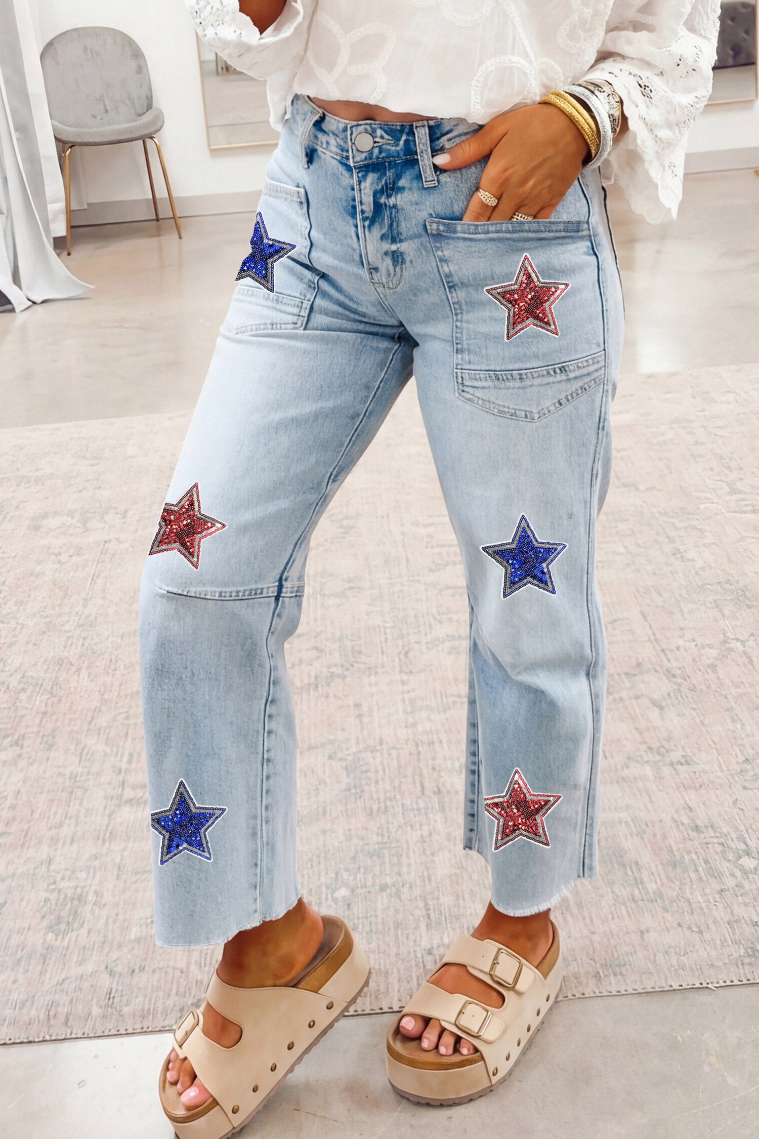 Beau Blue Patriotic Sequin Stars Patch Pocket Shift Jeans Beau Blue 65%Cotton+33%Polyester+2%Elastane