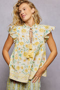 POL Tassel Tied Floral Flutter Sleeve Blouse LEMON MULTI