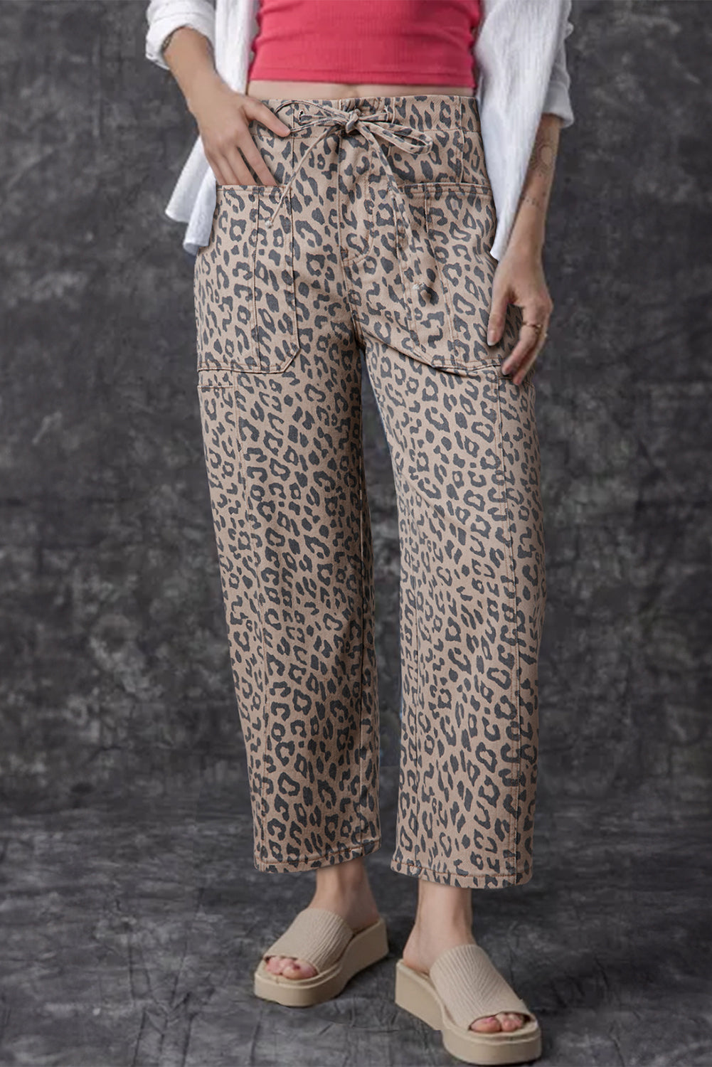 Khaki Leopard Printed Drawstring Elastic Waistband Pocketed Barrel Jeans Khaki 65%Cotton+33%Polyester+2%Elastane