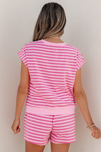 Pink Stripe Cap Sleeve Tee Elastic Waist Shorts 2pcs Outfit