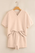 Orange Textured V Neck T Shirt and Shorts Set