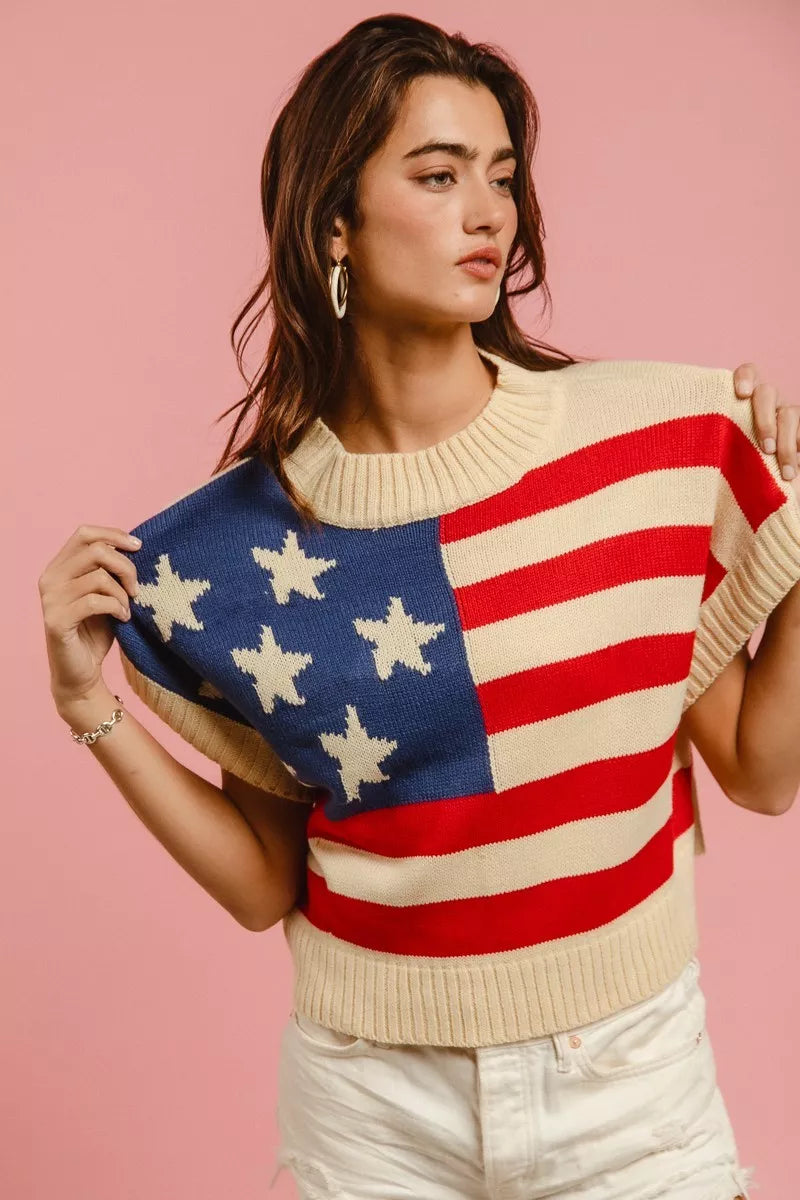 BiBi Star Patches American Flag Sleeveless Sweater Vivid Red