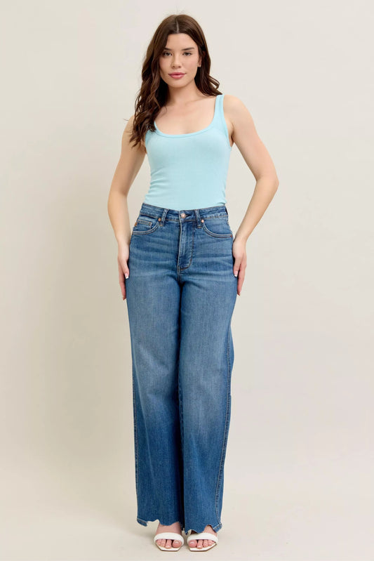 Judy Blue High Waist Tummy Control Chew Hem Destroy Wide Jeans 88932