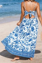 Sky Blue Twisted Bust Spaghetti Straps Backless Floral Maxi Dress