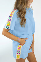 Mist Blue Granny Square Crochet Detail Short 2pcs Set Mist Blue 80%Cotton+20%Polyester