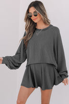 Jet Stream Corded Lantern Sleeve Top High Waist Ruffled Mini Skort Set