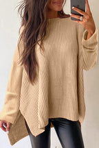 Apricot Cable Knit Drop Shoulder Side Slits Loose Sweater Apricot 60%Cotton+40%Acrylic