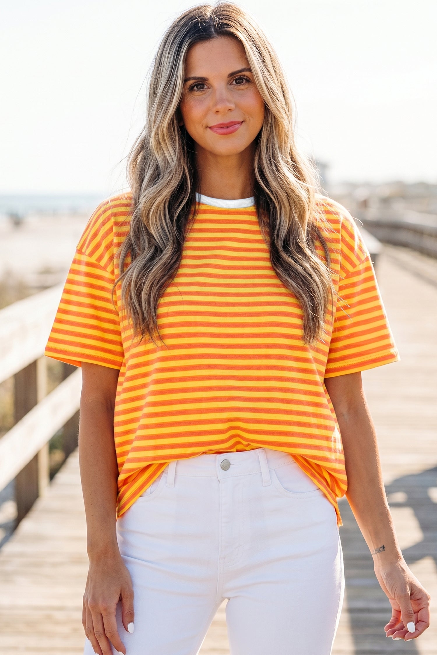 Sky Blue Stripe Contrast Crew Neck Drop Shoulder Loose Tee Orange Stripe 95%Cotton+5%Elastane