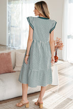 Black Stripe Double Ruffled Short Sleeve Contrast Trim V Neck Midi Dress