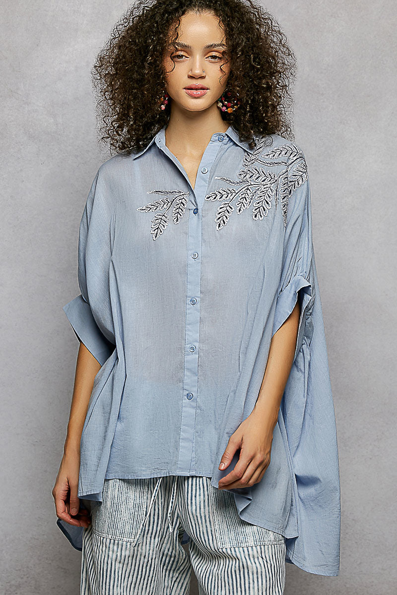 POL Button Down Embroidered Floral High-Low Hem Shirt SKY BLUE