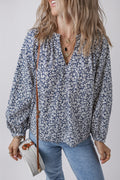 Blue Floral Print Notched V Neck Puff Sleeve Blouse Blue 100%Cotton