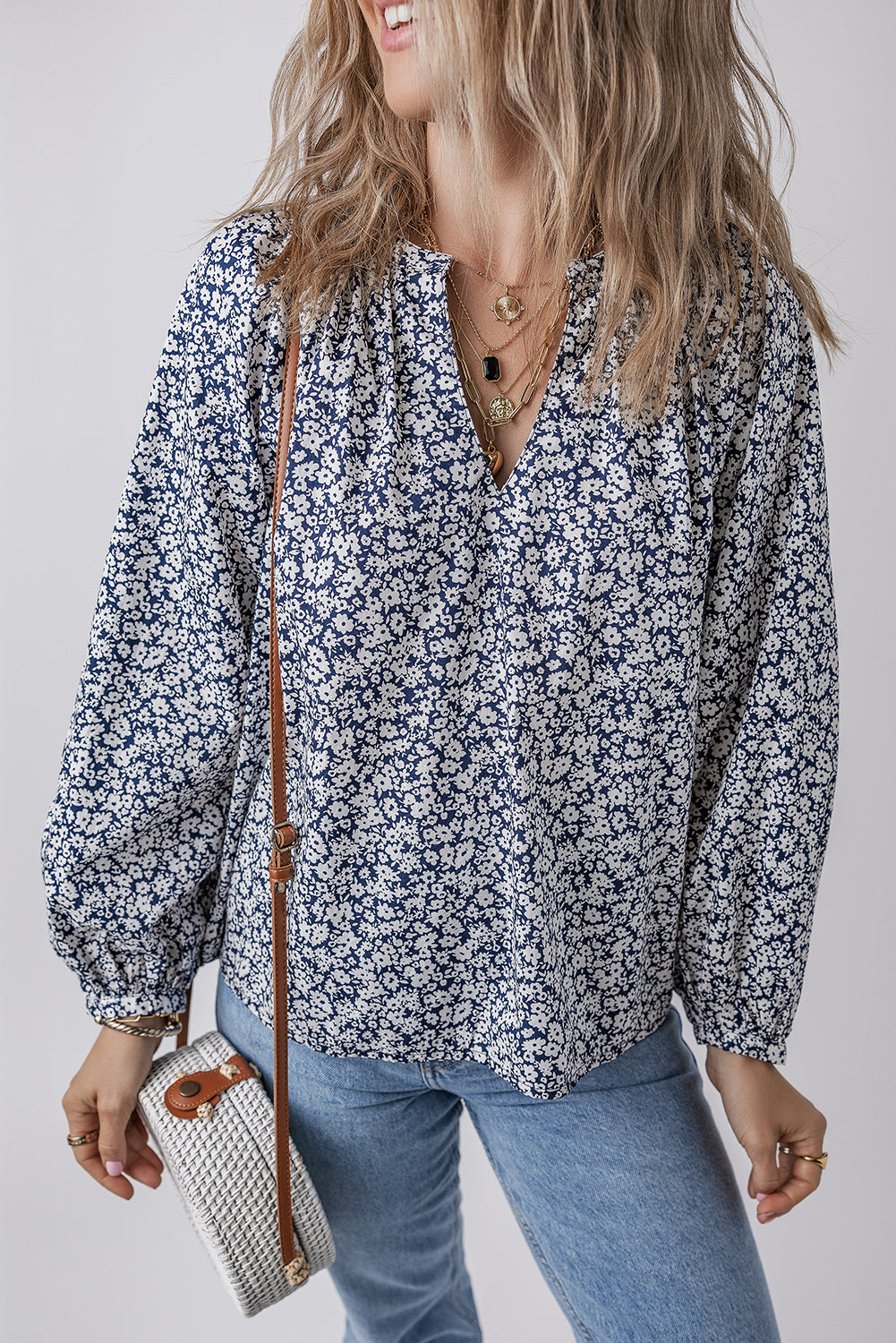 Blue Floral Print Notched V Neck Puff Sleeve Blouse Blue 100%Cotton