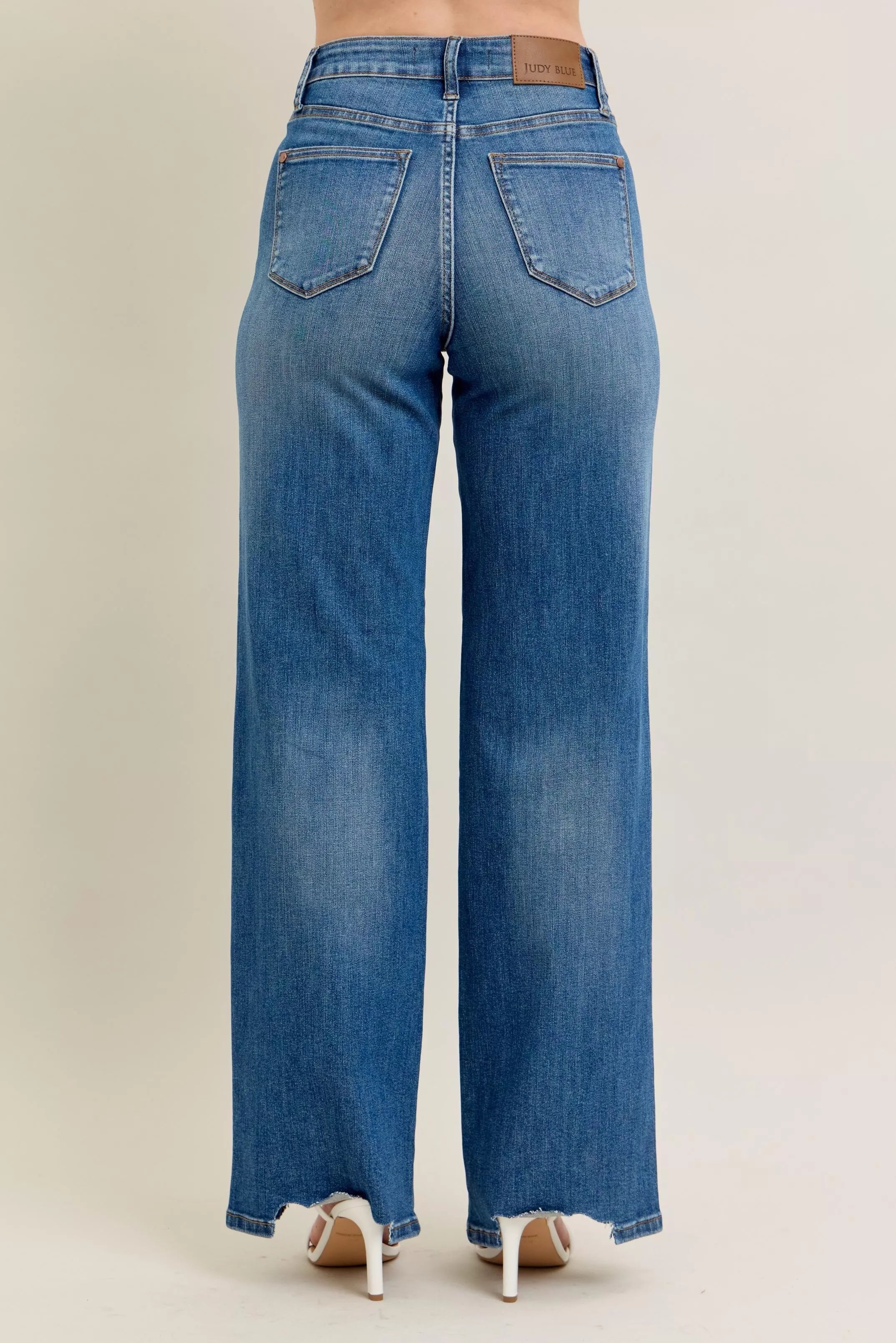 Judy Blue High Waist Tummy Control Chew Hem Destroy Wide Jeans 88932