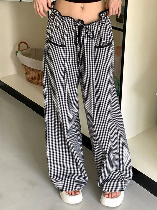 Gingham High-Waisted Wide-Leg Pants Black