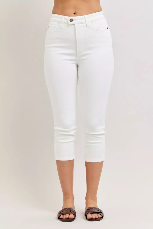 Judy Blue High Waist Extended Waistband Capri Pants with Spade Pockets WHT