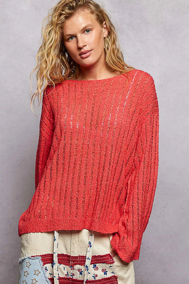 POL Round Neck Long Sleeve Open Weave Sweater APPLE RED