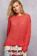 POL Round Neck Long Sleeve Open Weave Sweater APPLE RED