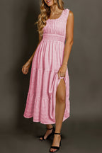 Apricot Shirred Pleated Square Neck Sleeveless Midi Dress