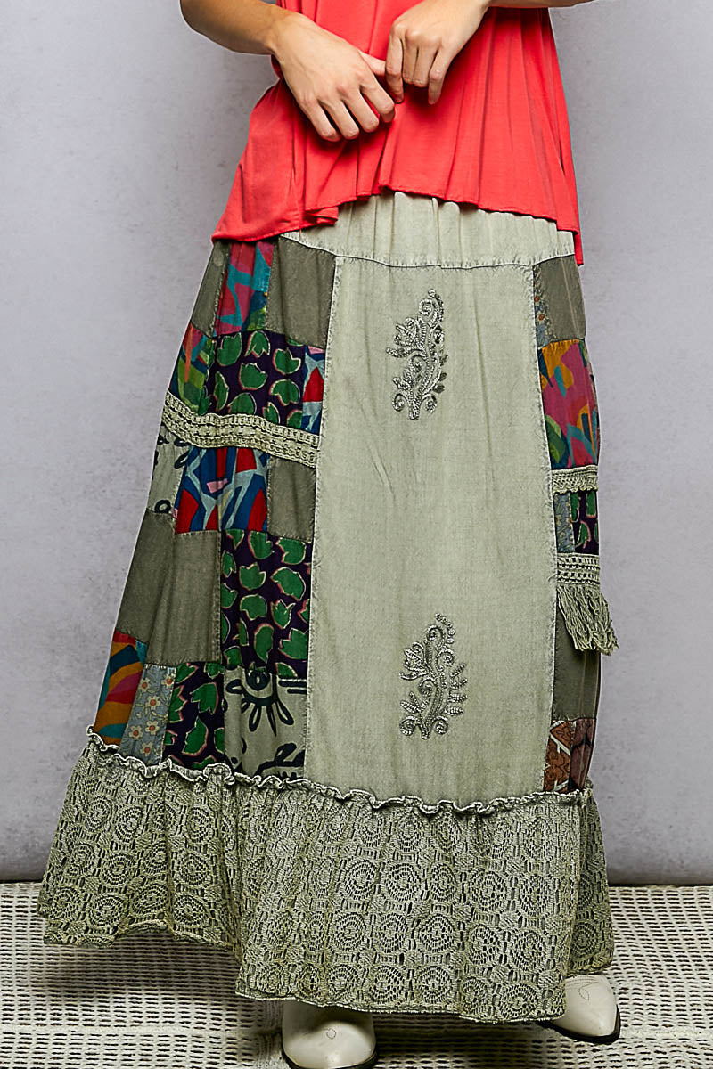 POL Printed Patchwork Embroidered Ruffled Skirt SAGE MULTI