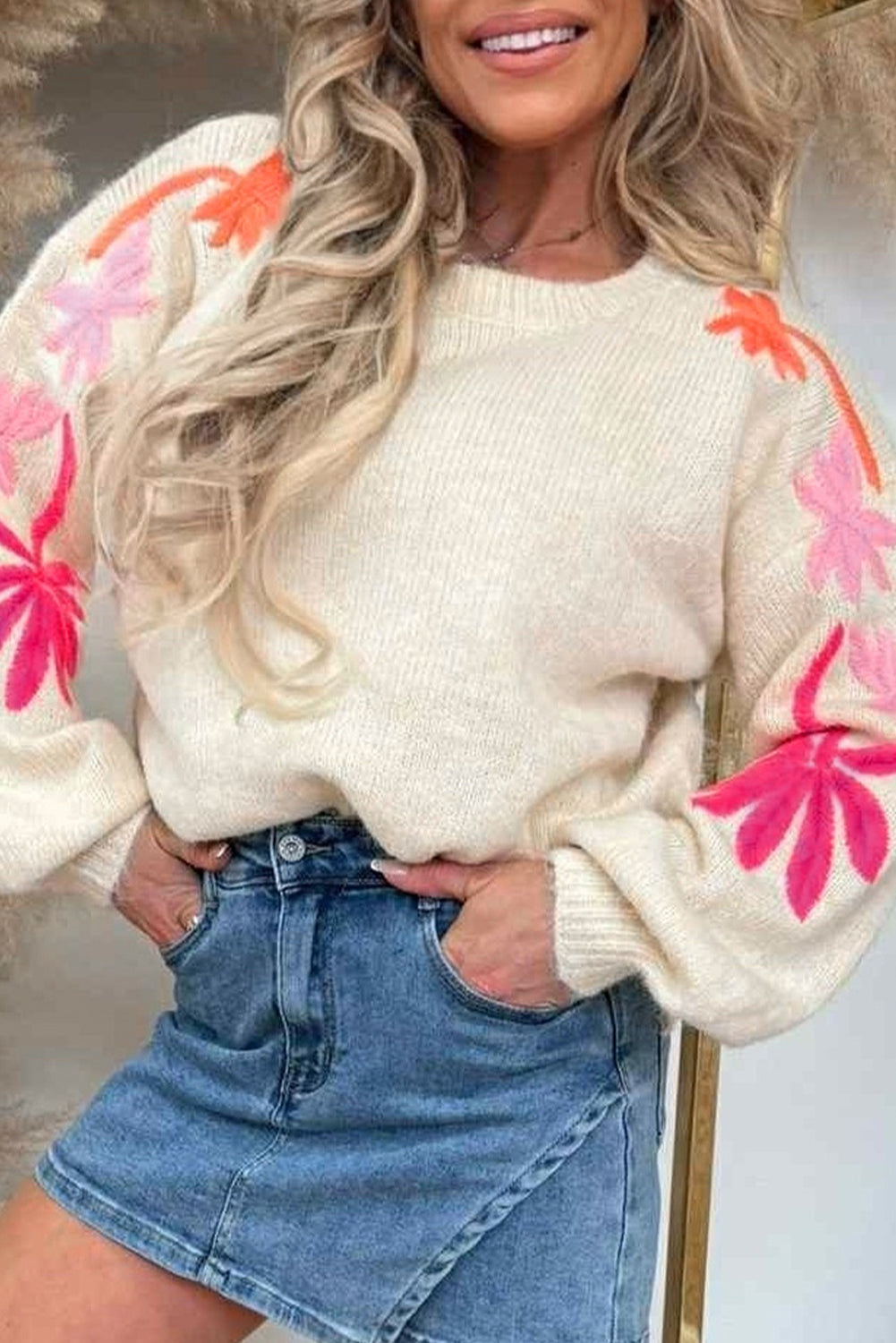 Beige Embroidered Floral Sleeve Round Neck Loose Sweater Beige 65%Acrylic+35%Polyamide