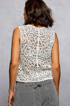 POL Button Down Cropped Crochet Vest with Scalloped Edge