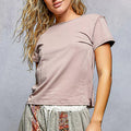 POL Contrast Stitching Round Neck Short Sleeve T-Shirt MAUVE