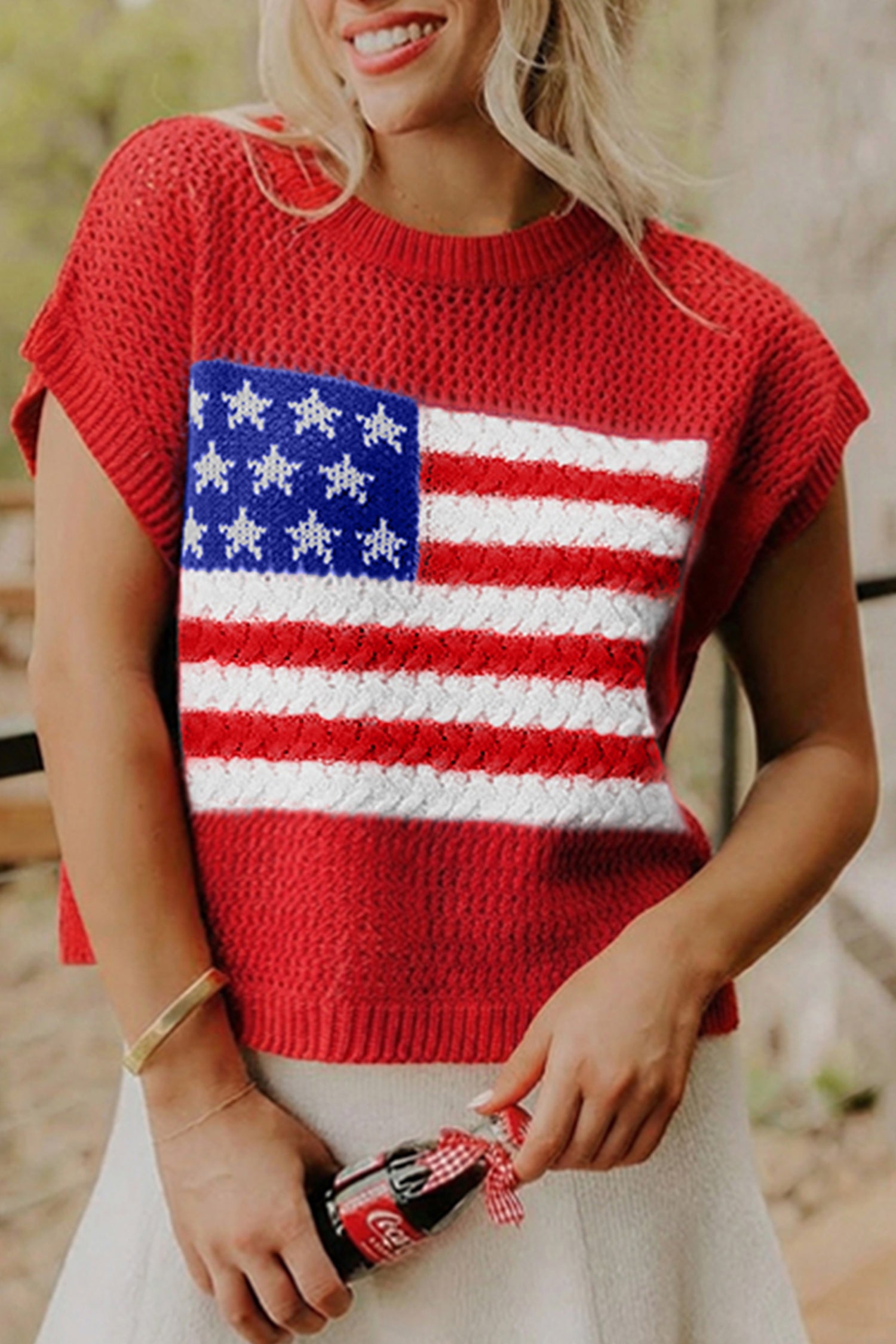 Sky Blue Flag Graphic Short Sleeve Sweater Top Fiery Red 100%Acrylic