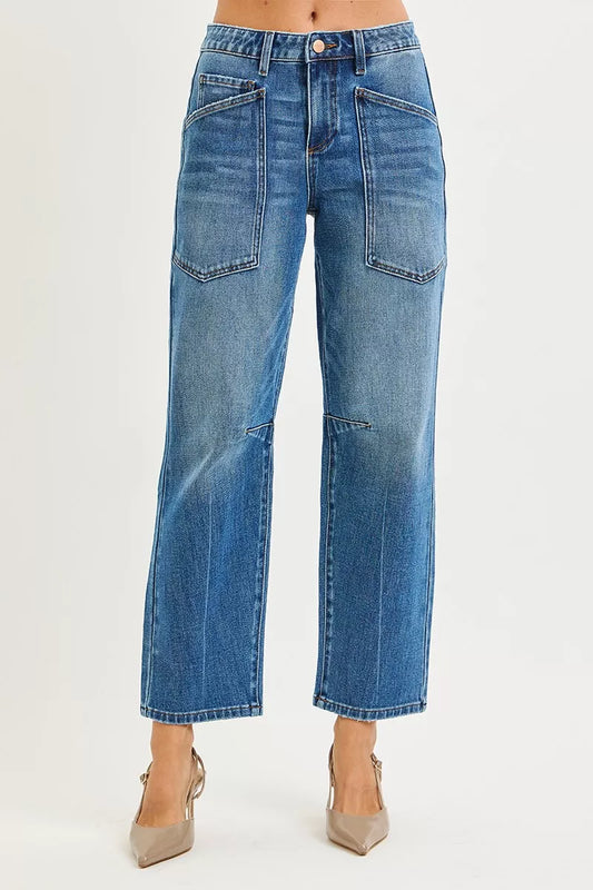 RISEN 4 Way Stretch Mid Rise Barrel Jeans with Patch Pocket Detail DARK