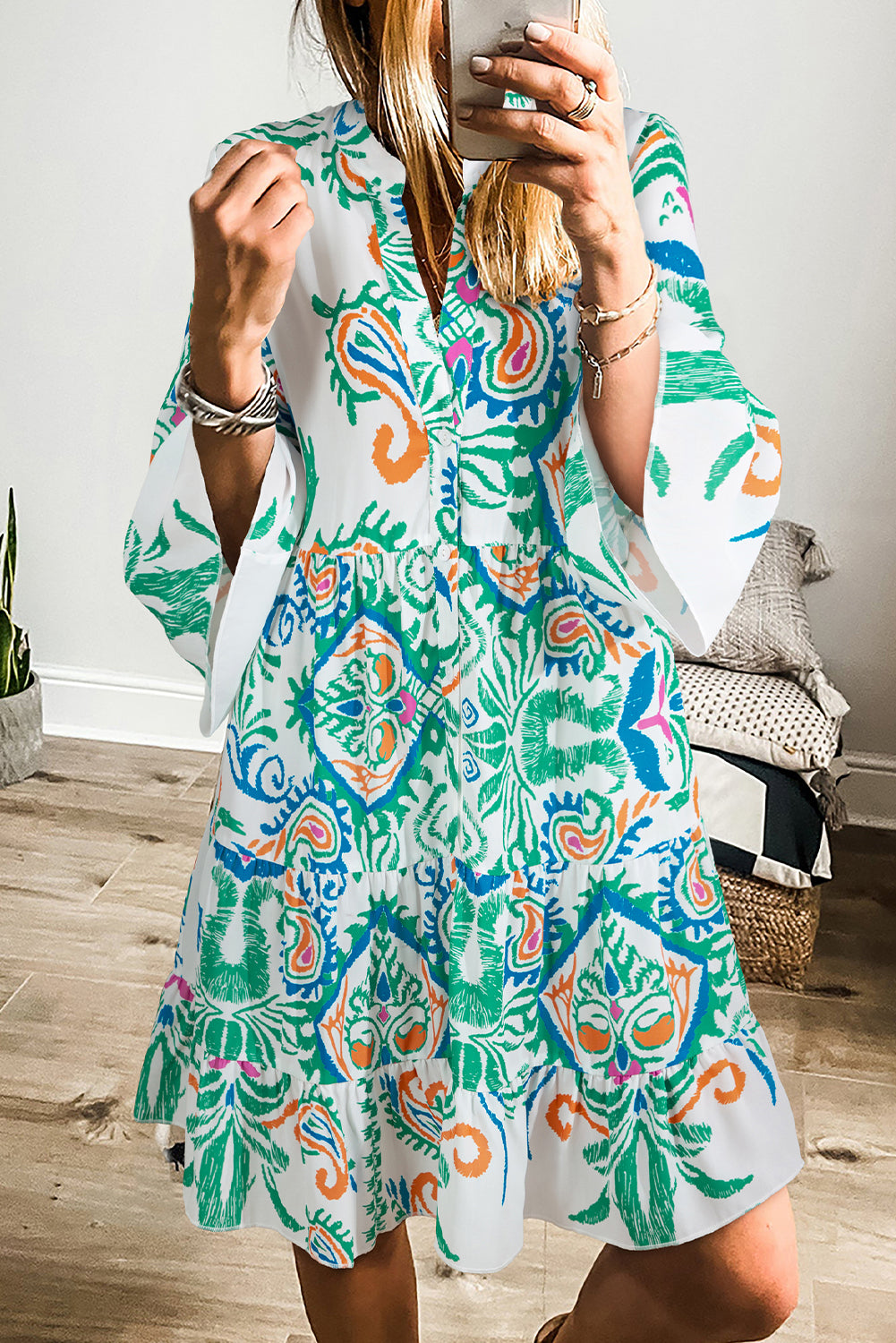 White Printed Tribal Bracelet Sleeve Buttoned Mini Dress Green 100%Polyester