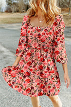 Red Floral 3/4 Sleeve Square Neck Smocked Mini Dress Red 97%Polyester+3%Elastane