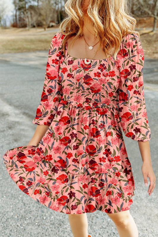 Red Floral 3/4 Sleeve Square Neck Smocked Mini Dress Red 97%Polyester+3%Elastane