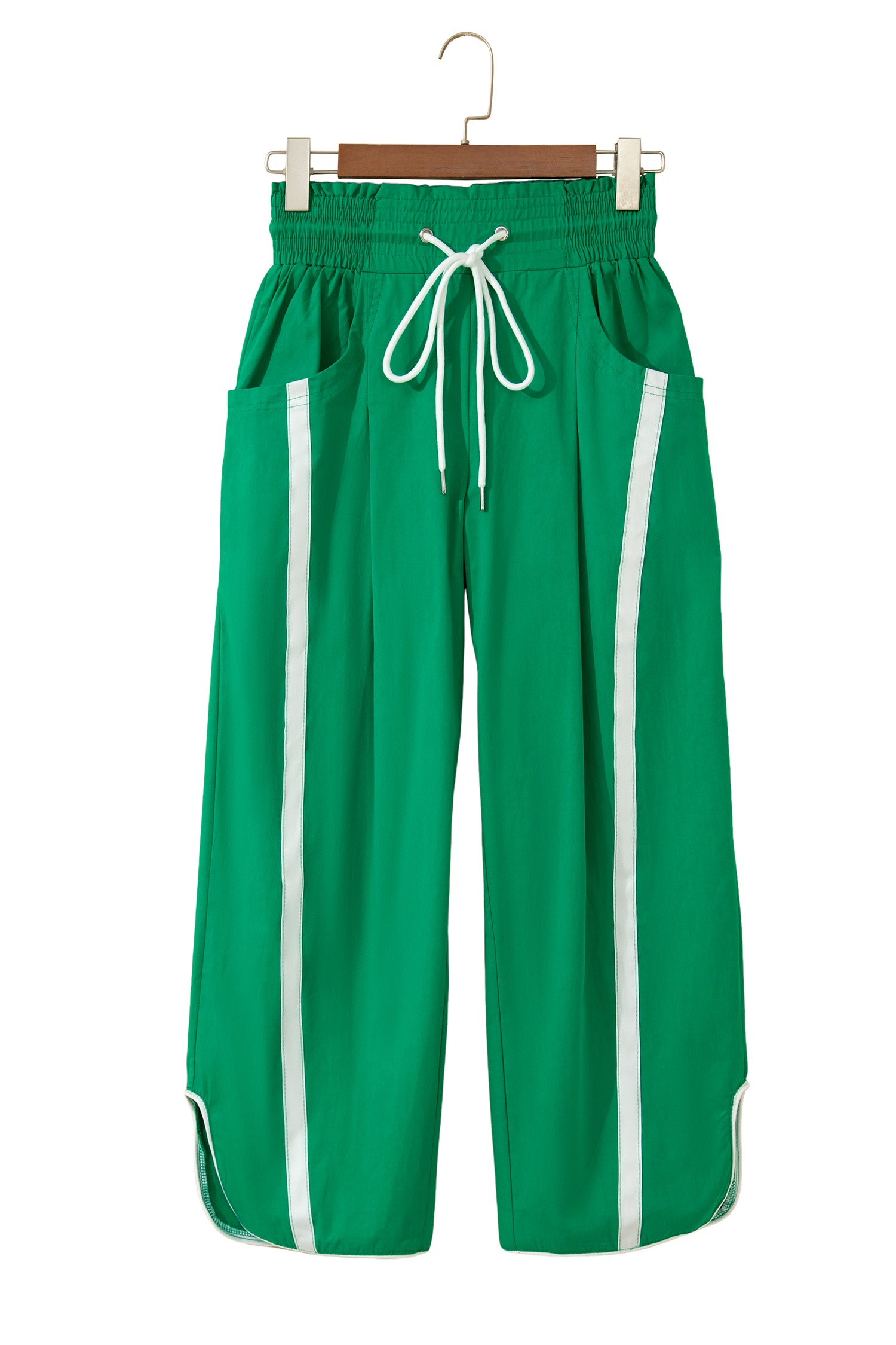 Bright Green Contrast Striped Smocked Waist Drawstring Cropped Casual Pants