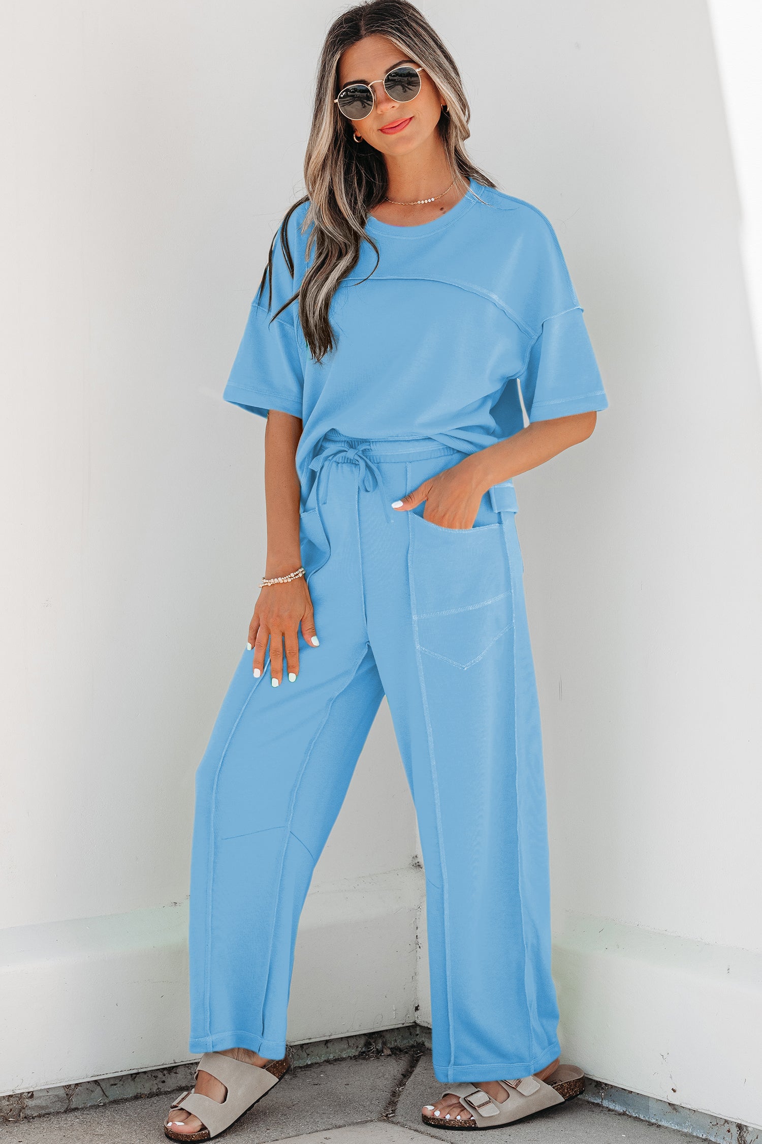 Sky Blue Drop Shoulder Boxy Tee and Barrel Pants Set Sky Blue 80%Polyester+20%Cotton