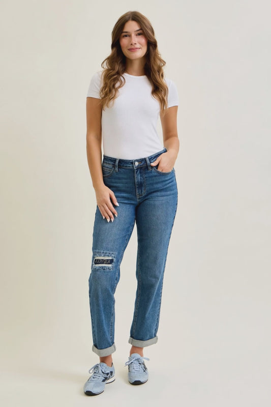 Judy Blue Mid Rise Embroidered Repair Patch Boyfriend Denim Jeans 881071
